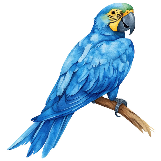 Blue parrot with yellow face perched on a branch fabric panel