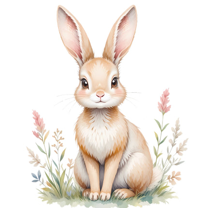 rabbit sitting among flowers fabric panel