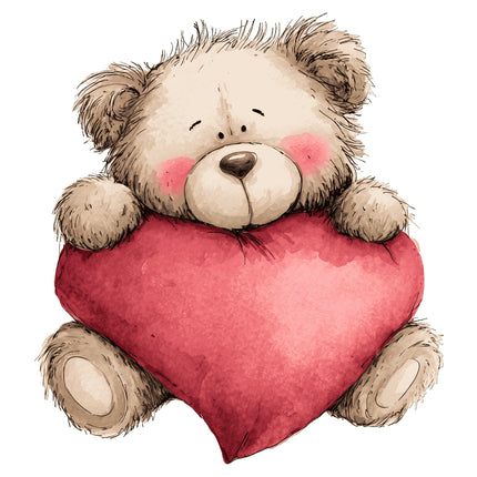 Teddy bear holding a red heart fabric panel