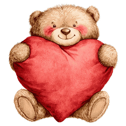 Teddy bear holding a red heart fabric panel