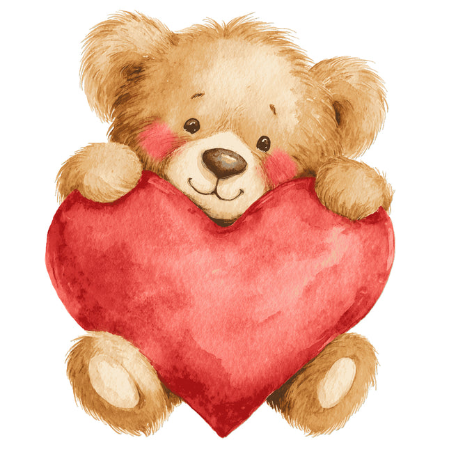 Teddy bear holding a red heart fabric panel