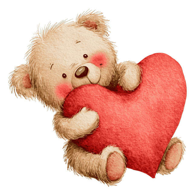 Teddy bear holding a red heart fabric panel