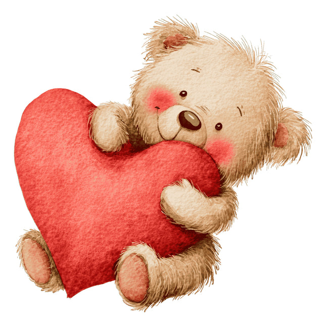 Teddy bear holding a red heart fabric panel