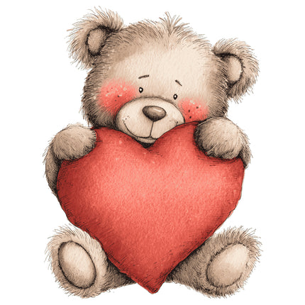 Teddy bear holding a red heart fabric panel