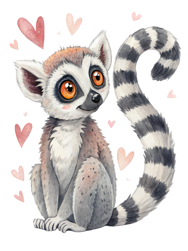 cute lemur surrounded by hearts fabric panel