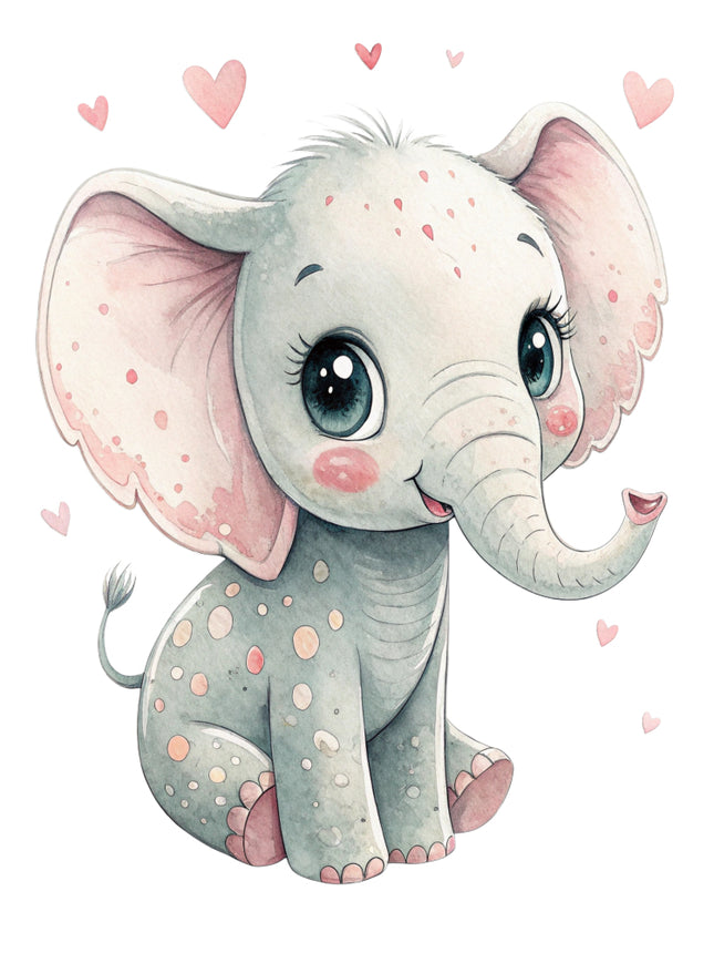 elephant with pink ears and hearts fabric panel