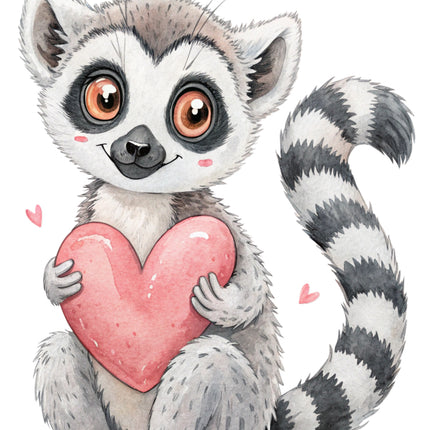 cute lemur surrounded by pink hearts fabric panel