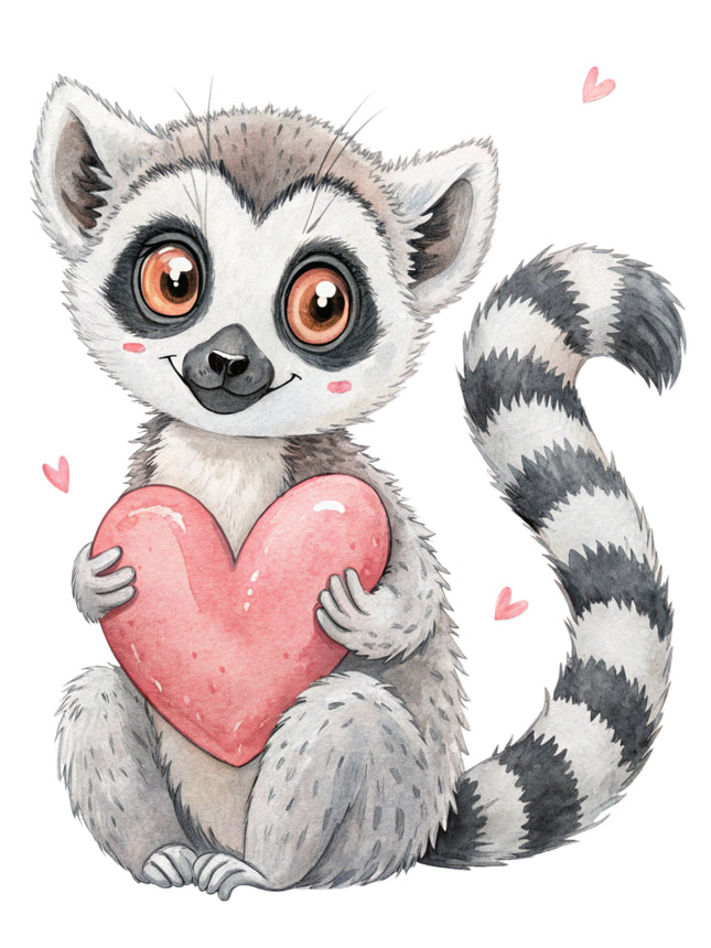cute lemur surrounded by pink hearts fabric panel