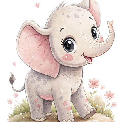 baby elephant with pink ears and flowers fabric panel