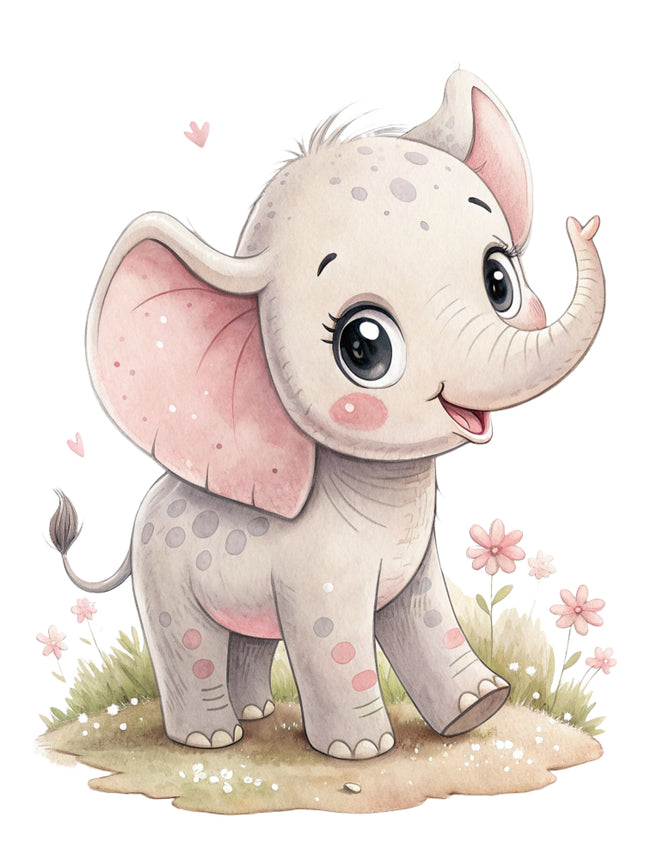 baby elephant with pink ears and flowers fabric panel