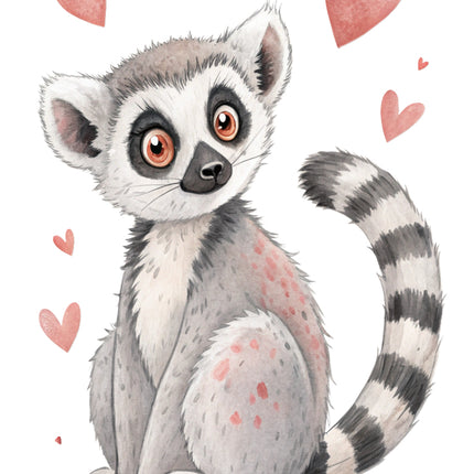 cute lemur surrounded by pink hearts fabric panel