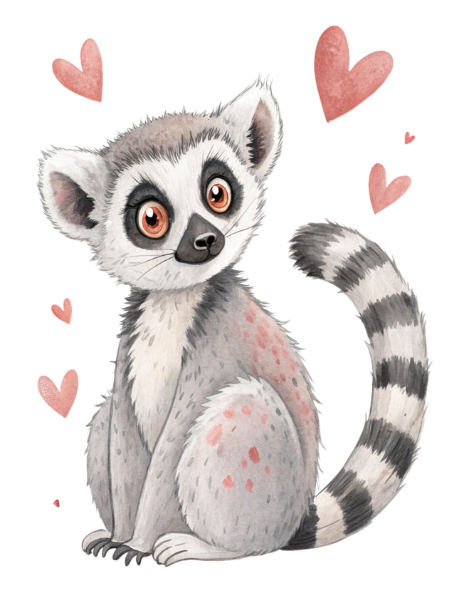 cute lemur surrounded by pink hearts fabric panel