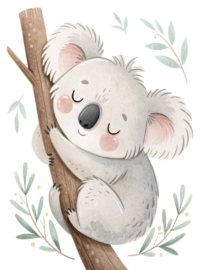 baby koala bear sitting on a branch fabric panel
