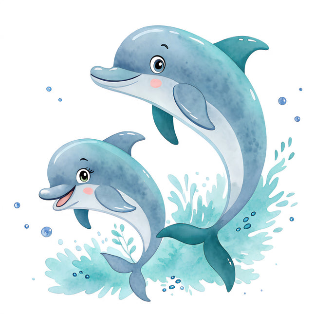 Two cartoon dolphins swimming underwater cotton quilt block