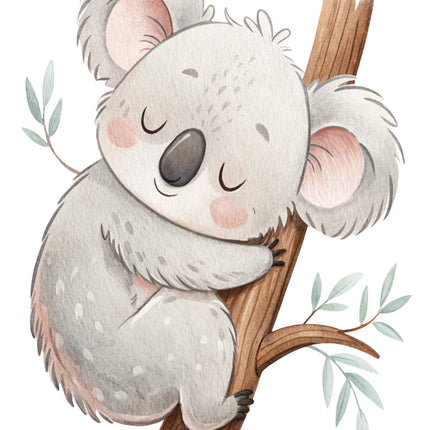 baby koala bear sitting on a branch fabric panel