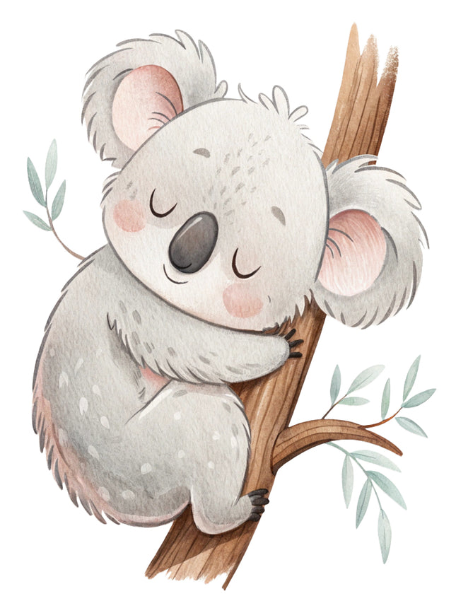 baby koala bear sitting on a branch fabric panel
