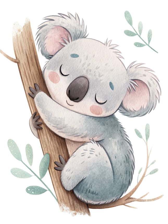 baby koala bear sitting on a branch fabric panel