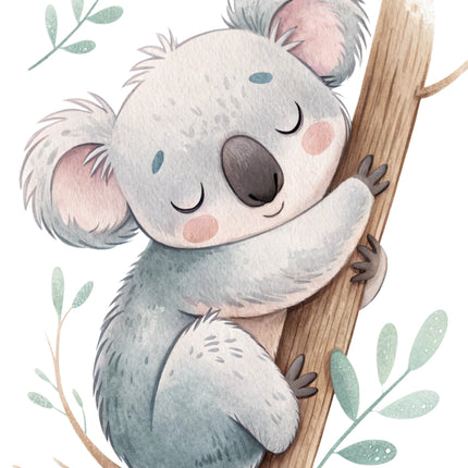 baby koala bear sitting on a branch fabric panel