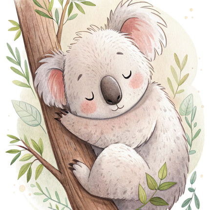 baby koala bear sitting on a branch fabric panel