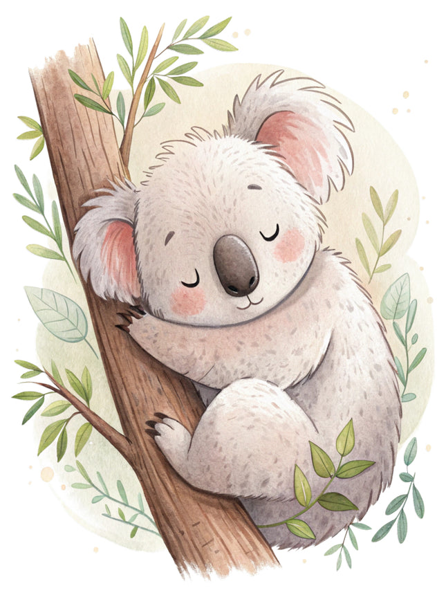 baby koala bear sitting on a branch fabric panel