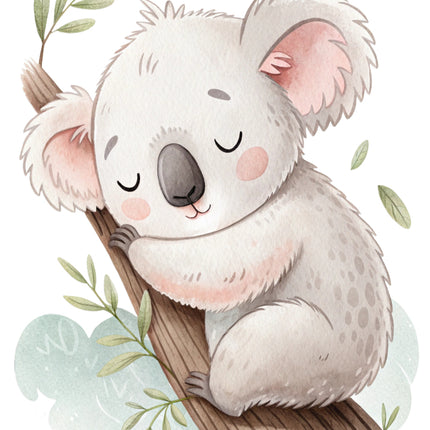 baby koala bear sitting on a branch fabric panel