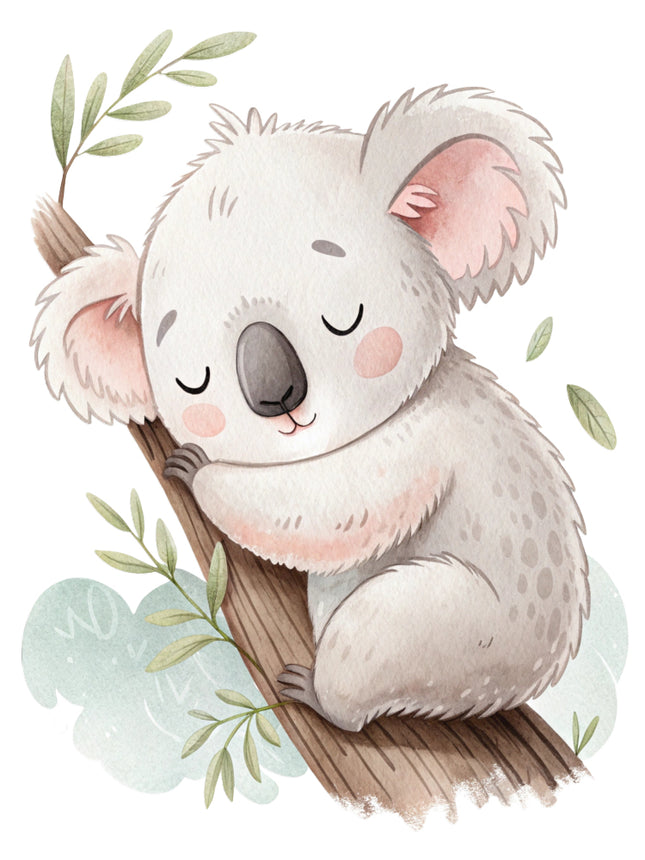 baby koala bear sitting on a branch fabric panel
