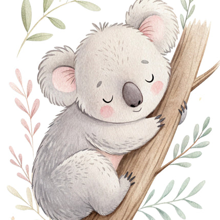 baby koala bear sitting on a branch fabric panel