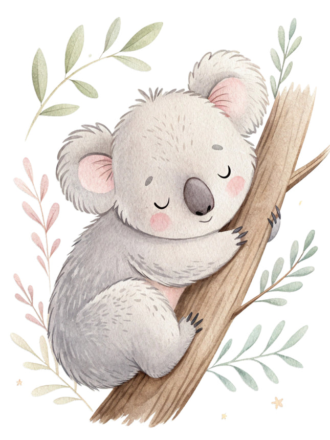 baby koala bear sitting on a branch fabric panel