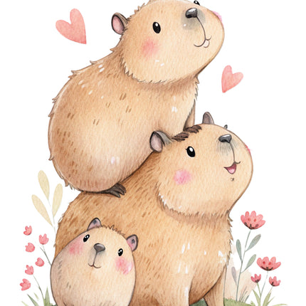 capybaras stacked on top of each other with hearts and flowers fabric panel
