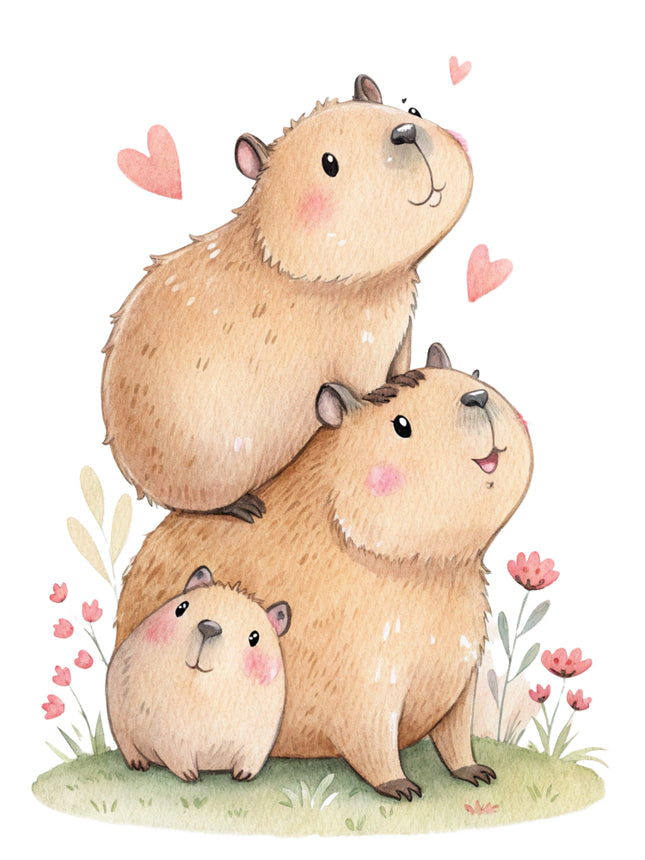 capybaras stacked on top of each other with hearts and flowers fabric panel