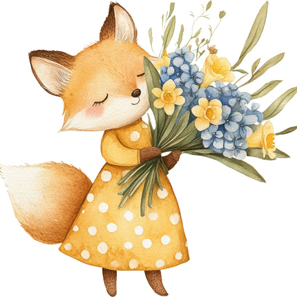 fox wearing a yellow dress with a polka dot pattern, holding flowers fabric panel
