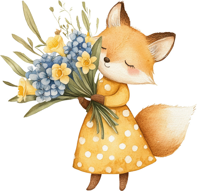 fox character holding flowers fabric panel