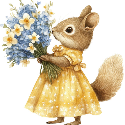 squirrel in a yellow dress holding a bouquet of flowers fabric panel
