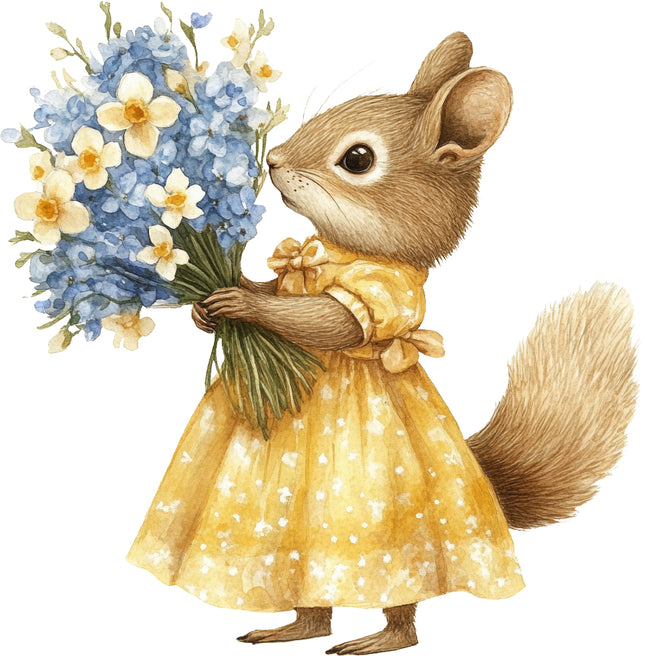 squirrel in a yellow dress holding a bouquet of flowers fabric panel