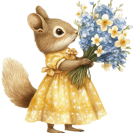 squirrel in a yellow dress holding flowers fabric panel