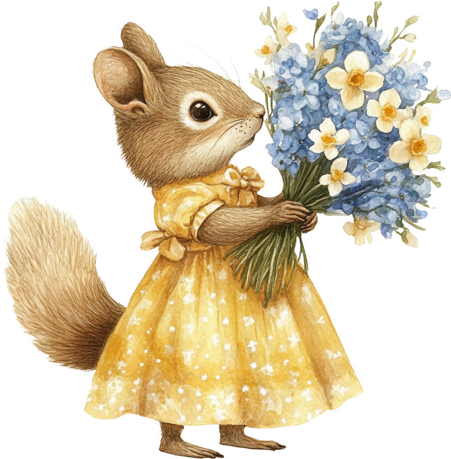 squirrel in a yellow dress holding flowers fabric panel