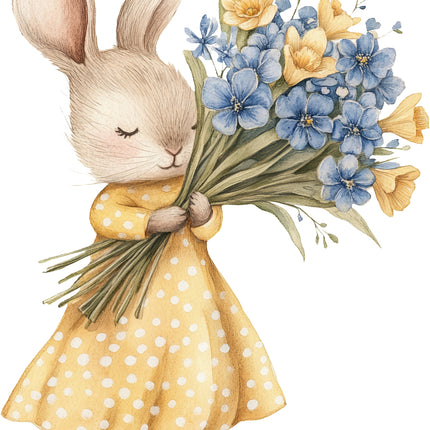 bunny in a yellow dress holding a bouquet of flowers fabric panel