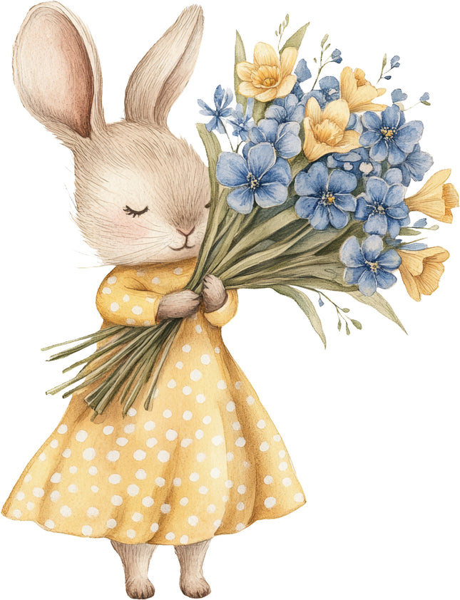 bunny in a yellow dress holding a bouquet of flowers fabric panel