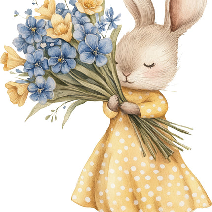 rabbit in a yellow dress holding a bouquet of flowers fabric panel