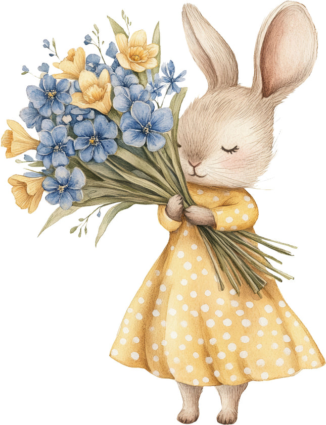 rabbit in a yellow dress holding a bouquet of flowers fabric panel