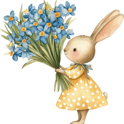 bunny in a yellow dress holding a bouquet of blue flowers fabric panel