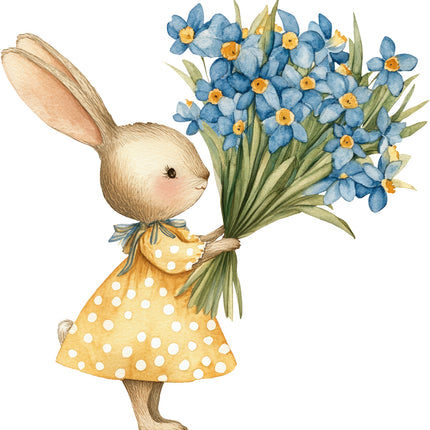 bunny in a yellow dress holding a bouquet of blue flowers fabric panel