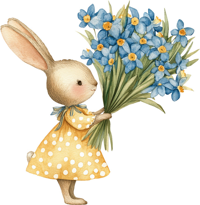 bunny in a yellow dress holding a bouquet of blue flowers fabric panel