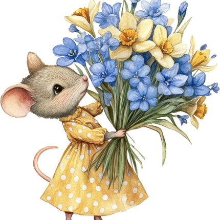 mouse in a yellow dress holding a bouquet of blue and yellow flowers.