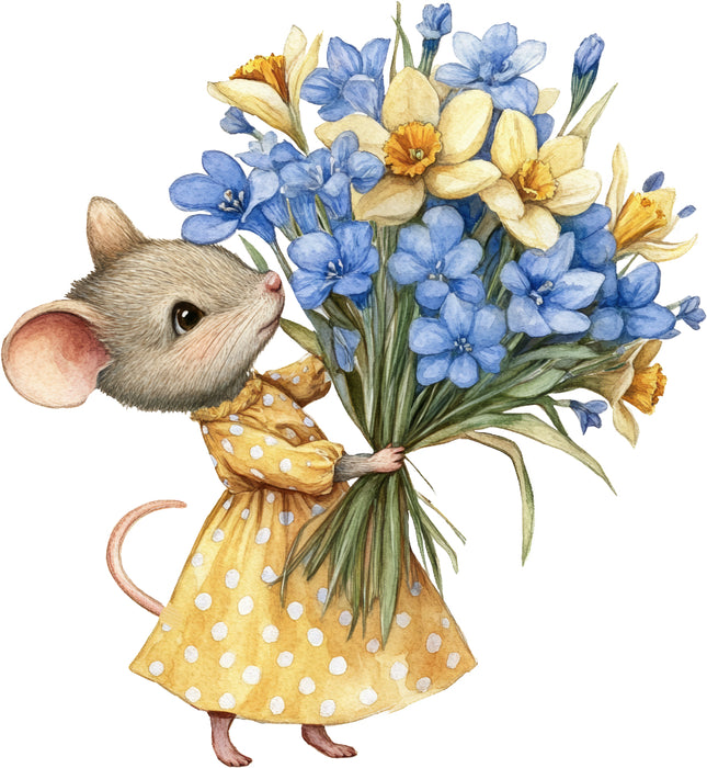 mouse in a yellow dress holding a bouquet of blue and yellow flowers.