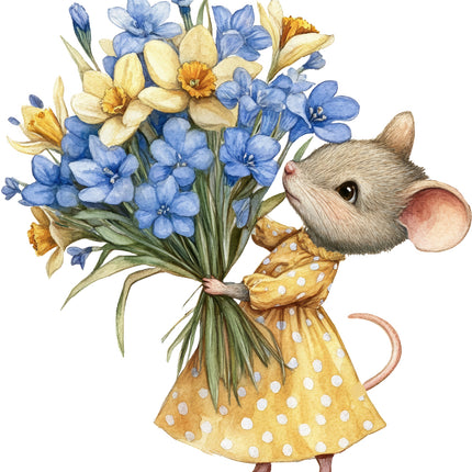 mouse in a yellow polka dot dress holding a bouquet of flowers fabric panel