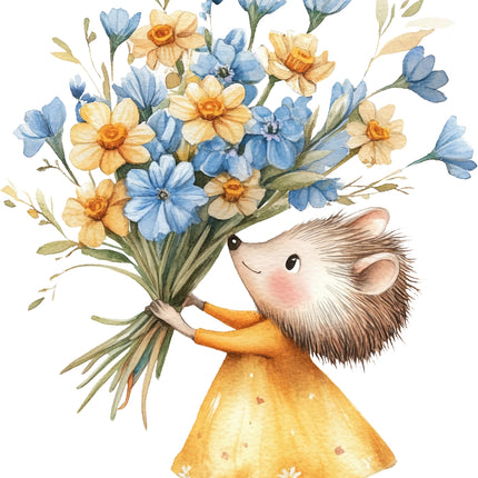 hedgehog in a yellow dress holding a bouquet of flowers fabric panel