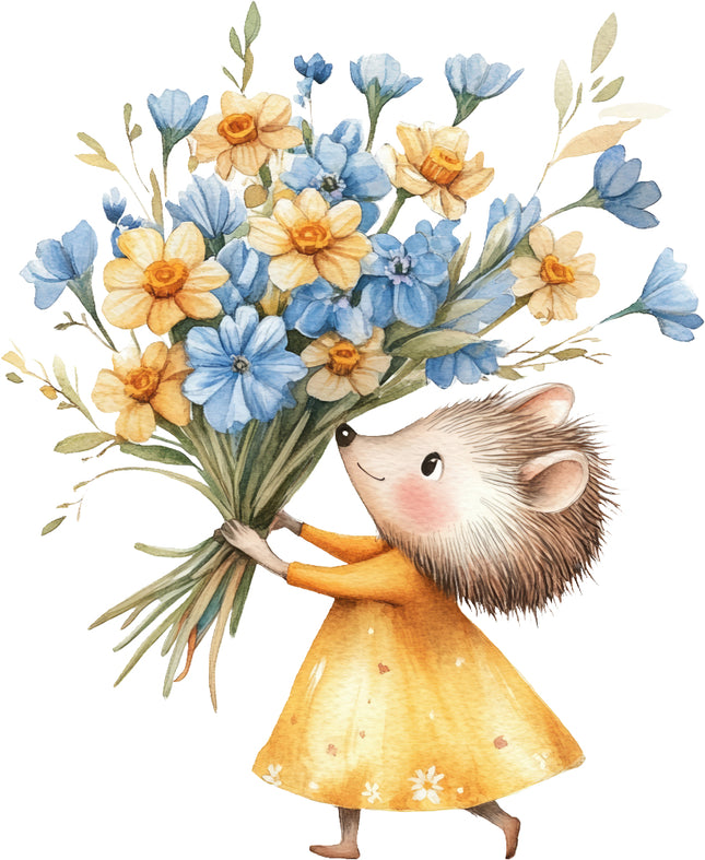 hedgehog in a yellow dress holding a bouquet of flowers fabric panel