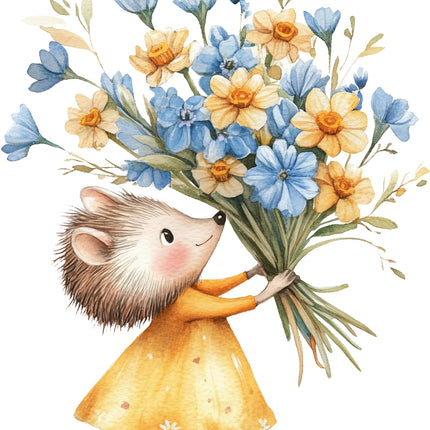 hedgehog in a yellow dress holding a bouquet of blue and orange flowers fabric panel