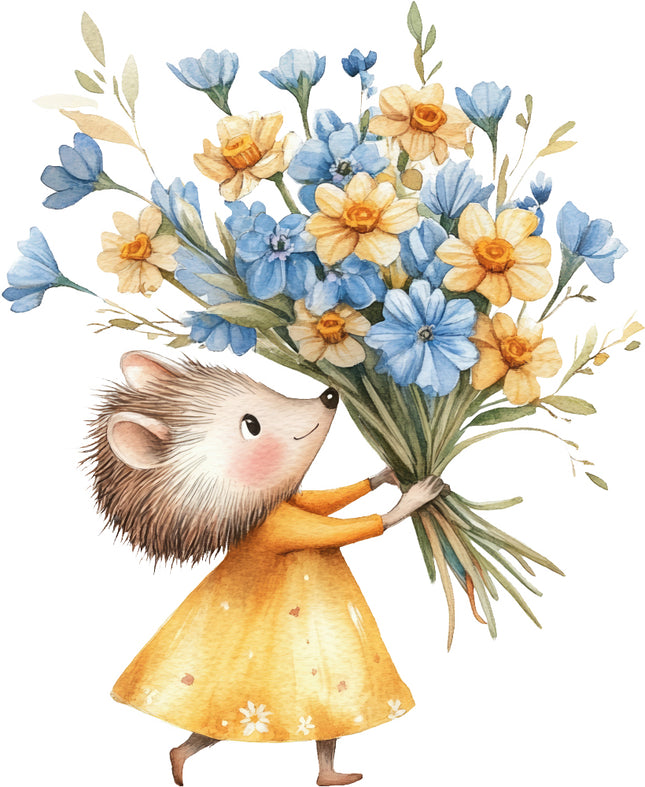 hedgehog in a yellow dress holding a bouquet of blue and orange flowers fabric panel